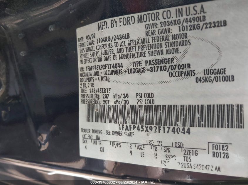 2002 Ford Mustang Gt VIN: 1FAFP45X92F174044 Lot: 39765932