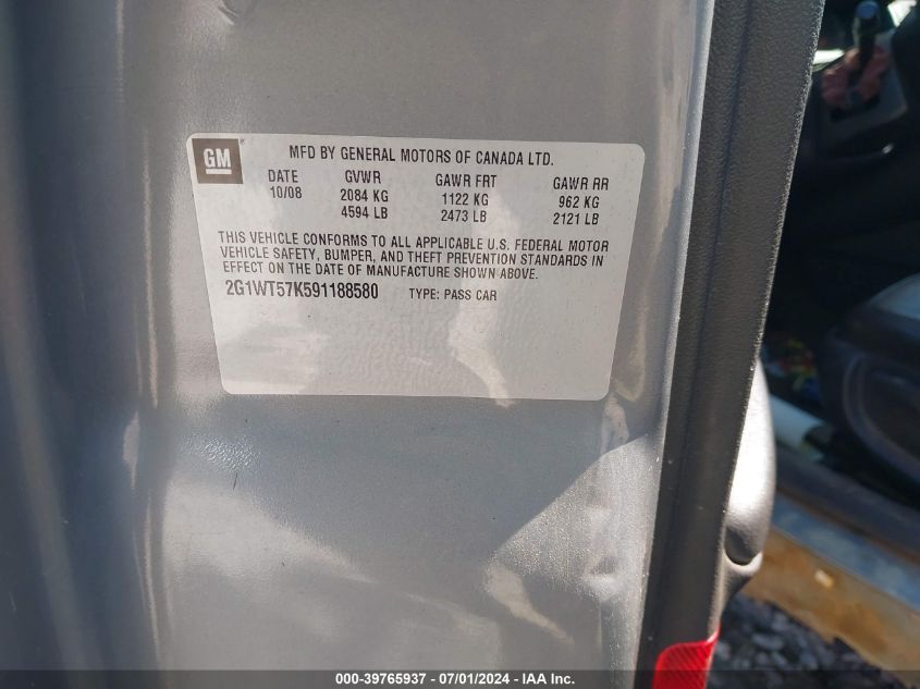 2009 Chevrolet Impala Lt VIN: 2G1WT57K591188580 Lot: 39765937