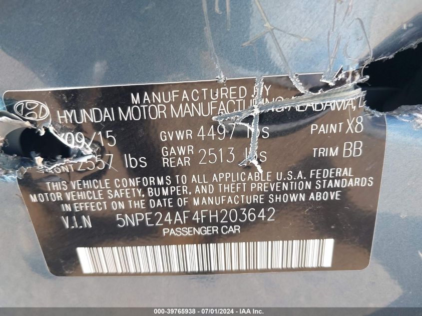 2015 Hyundai Sonata Se VIN: 5NPE24AF4FH203642 Lot: 39765938