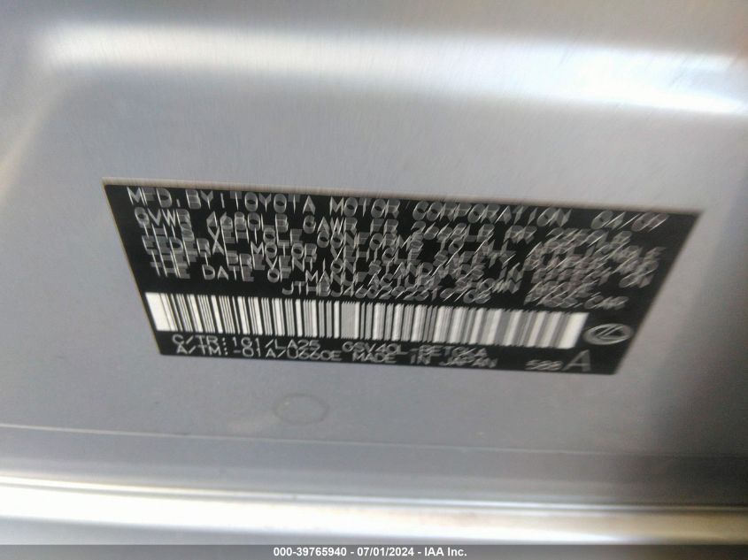 2009 Lexus Es 350 VIN: JTHBJ46G292319708 Lot: 39765940