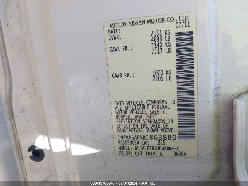 2011 Nissan Maxima 3.5 Sv VIN: 1N4AA5AP5BC863880 Lot: 39765947