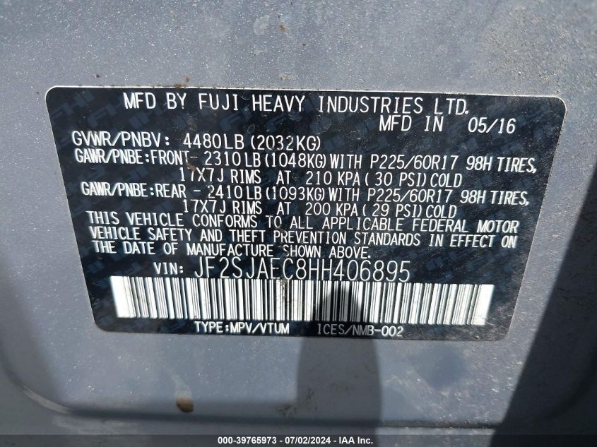 2017 Subaru Forester Premium VIN: JF2SJAEC8HH406895 Lot: 39765973