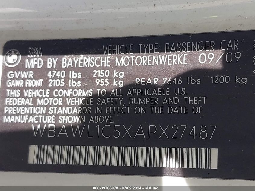 2010 BMW 328I VIN: WBAWL1C5XAPX27487 Lot: 39765978