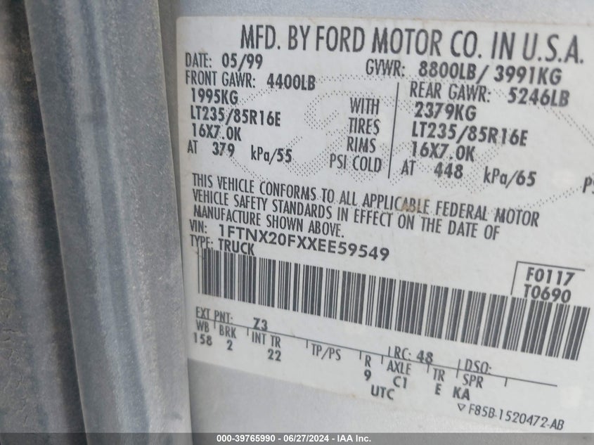1999 Ford F-250 Lariat/Xl/Xlt VIN: 1FTNX20FXXEE59549 Lot: 39765990