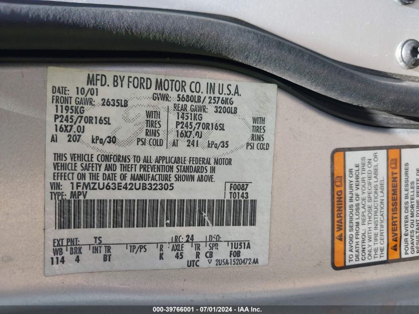 2002 Ford Explorer Xlt VIN: 1FMZU63E42UB32305 Lot: 39766001