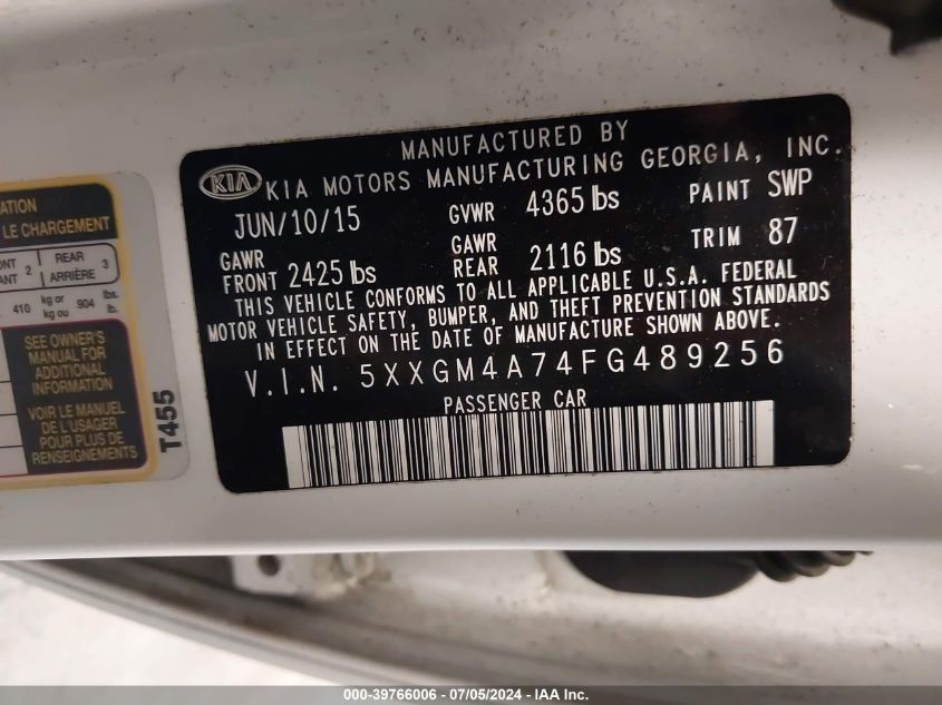 2015 Kia Optima Lx VIN: 5XXGM4A74FG489256 Lot: 39766006