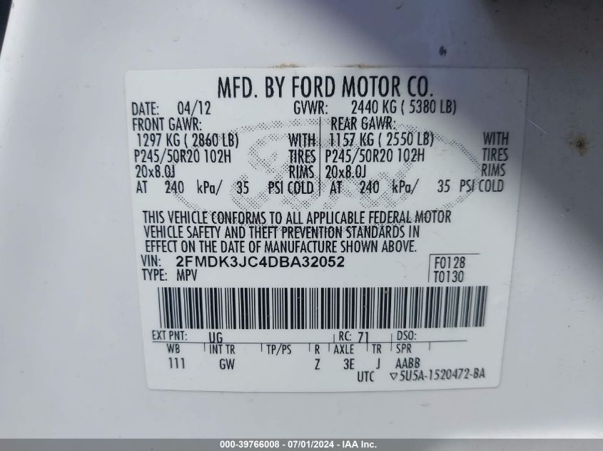 2FMDK3JC4DBA32052 2013 Ford Edge Sel