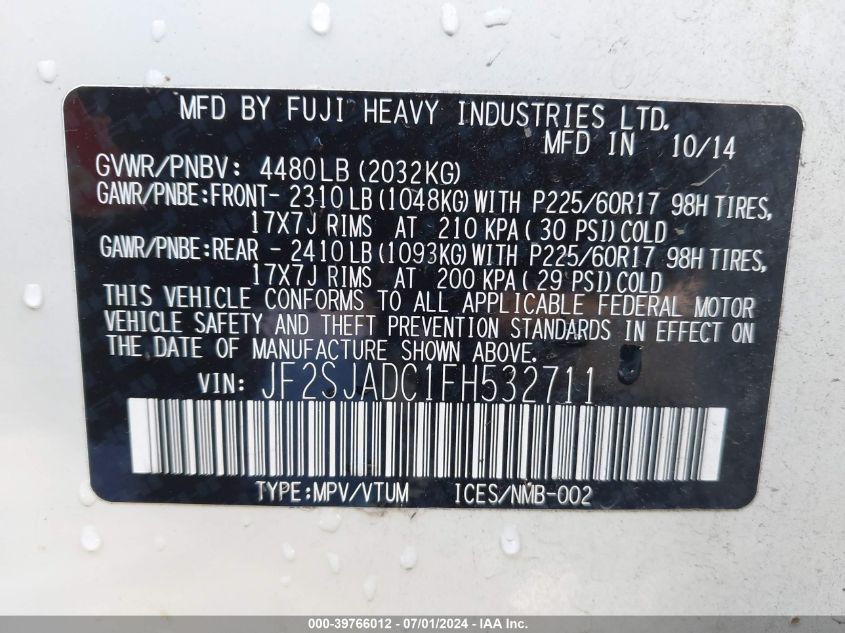 2015 Subaru Forester 2.5I Premium VIN: JF2SJADC1FH532711 Lot: 39766012