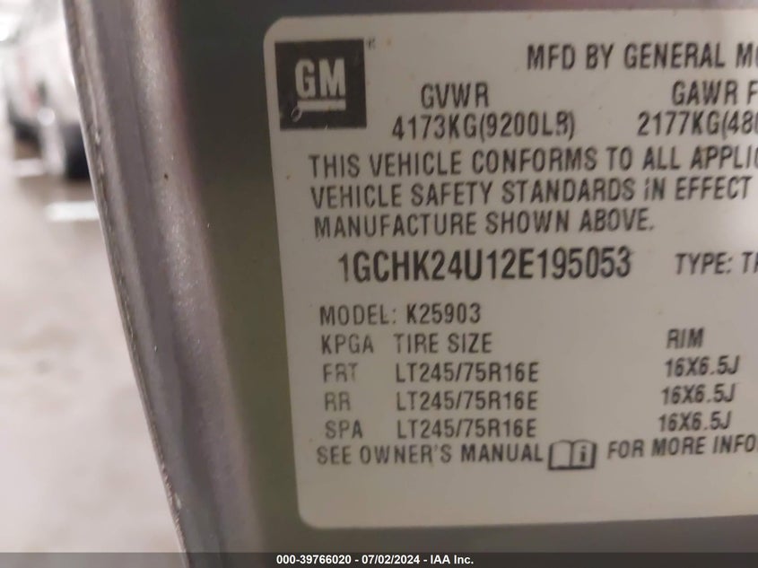 2002 Chevrolet Silverado 2500Hd VIN: 1GCHK24U12E195053 Lot: 39766020
