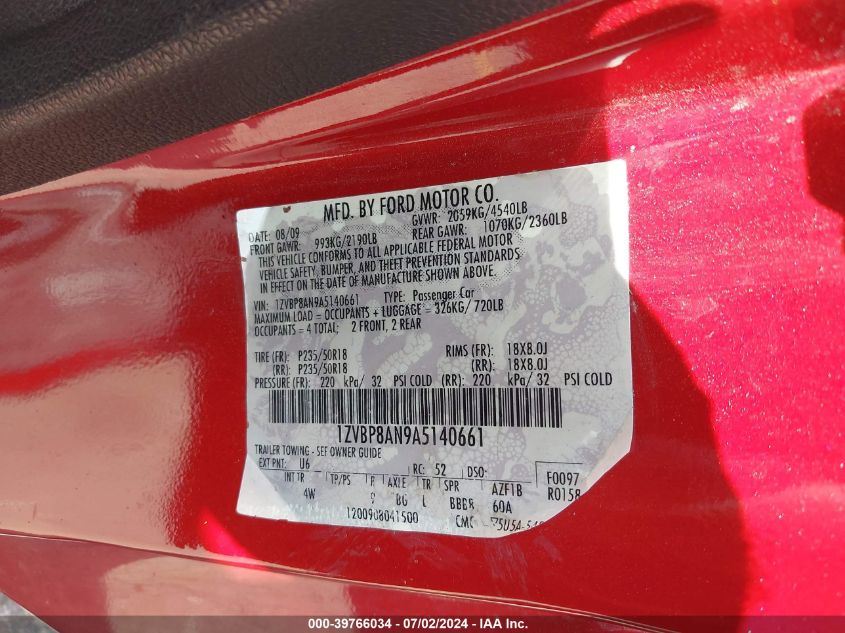 2010 Ford Mustang VIN: 1ZVBP8AN9A5140661 Lot: 39766034