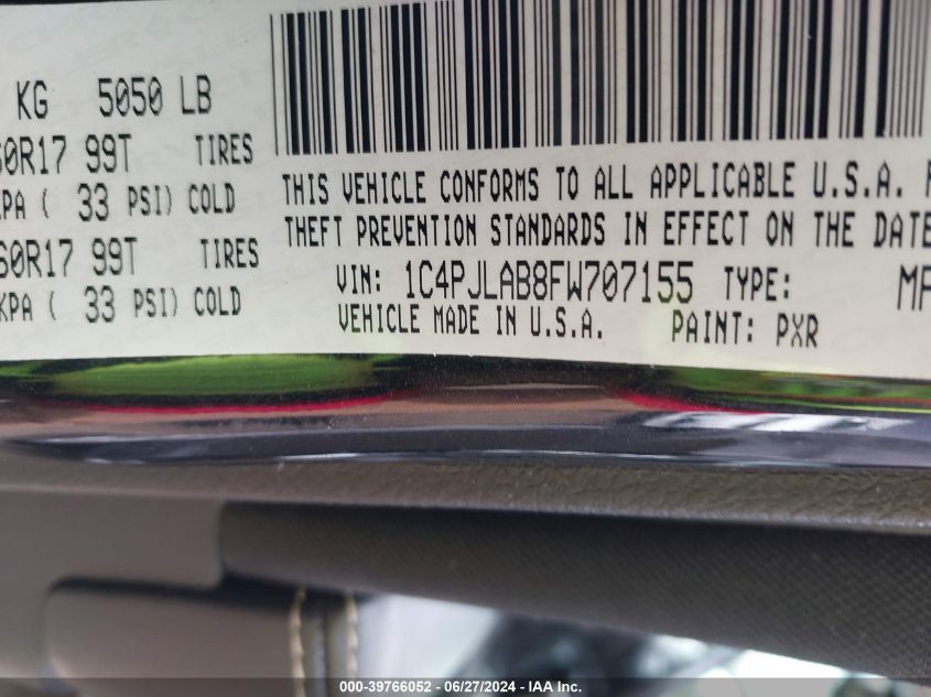 2015 Jeep Cherokee Sport VIN: 1C4PJLAB8FW707155 Lot: 39766052