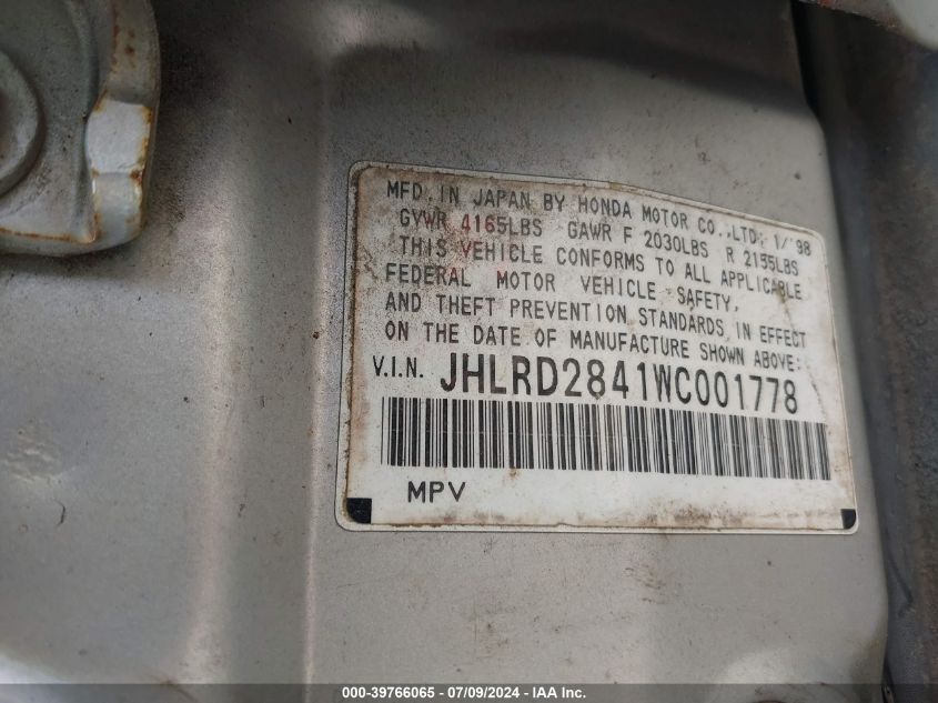 1998 Honda Cr-V Lx VIN: JHLRD2841WC001778 Lot: 39766065
