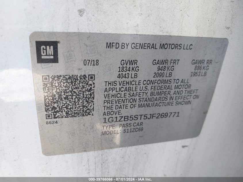 2018 Chevrolet Malibu 1Ls VIN: 1G1ZB5ST5JF269771 Lot: 39766066