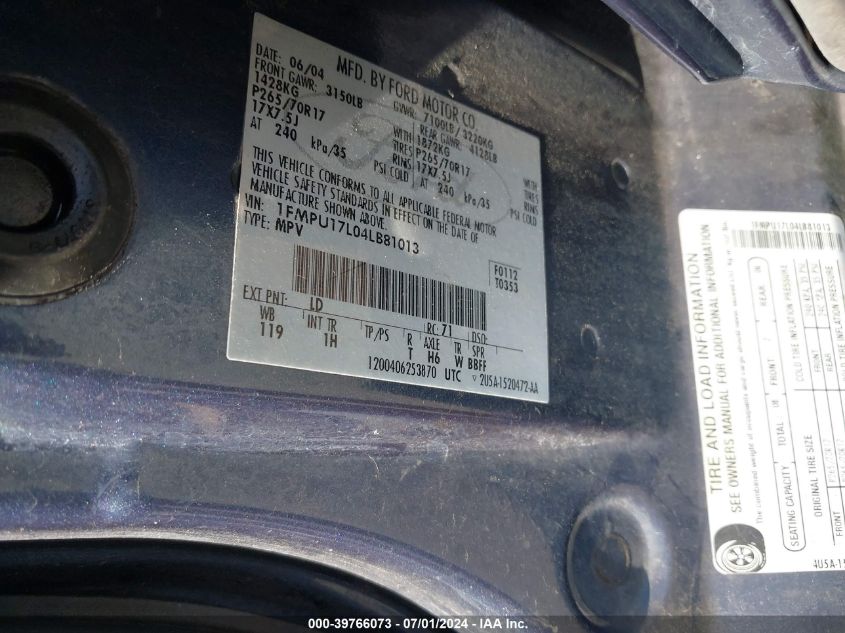 2004 Ford Expedition Eddie Bauer VIN: 1FMPU17L04LB81013 Lot: 39766073