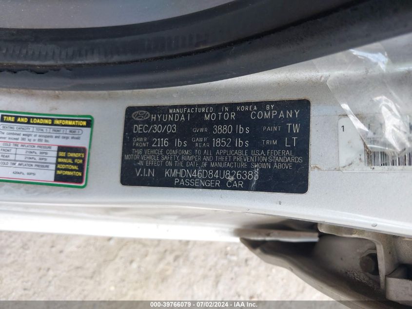 2004 Hyundai Elantra Gls/Gt VIN: KMHDN46D84U826383 Lot: 39766079