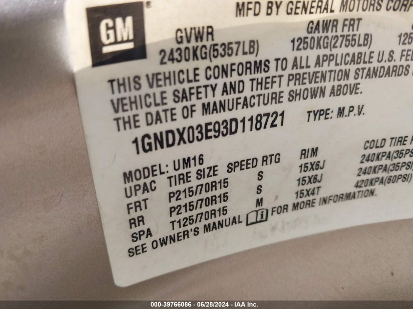 2003 Chevrolet Venture Ls VIN: 1GNDX03E93D118721 Lot: 39766086