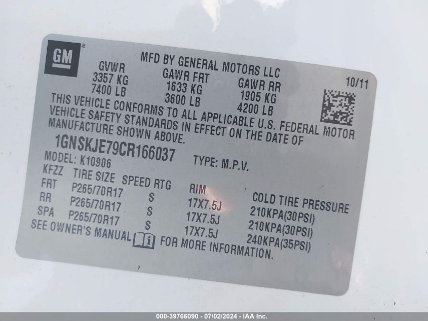 2012 Chevrolet Suburban 1500 Lt VIN: 1GNSKJE79CR166037 Lot: 39766090