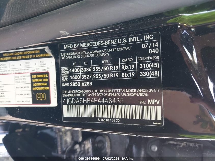 2015 Mercedes-Benz Ml 350 4Matic VIN: 4JGDA5HB4FA448435 Lot: 39766099