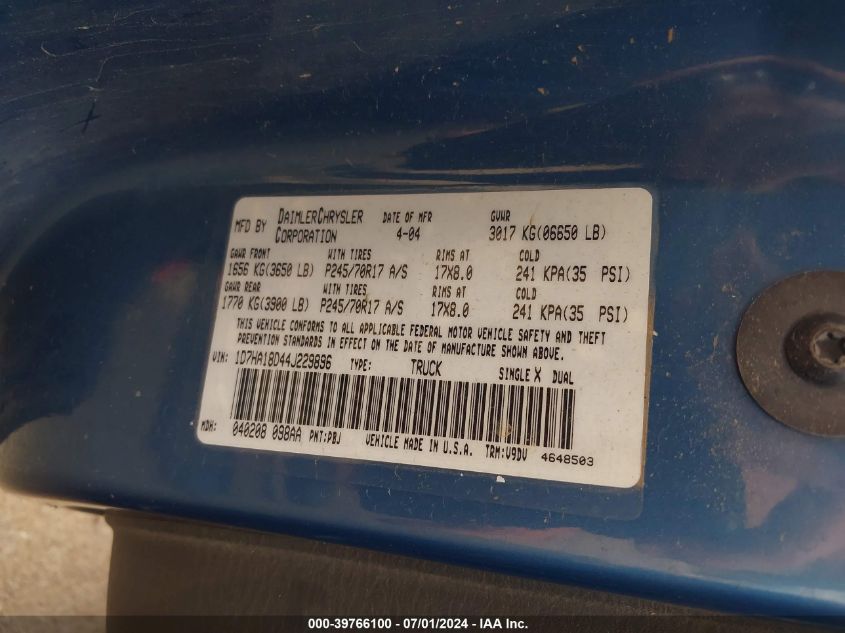 2004 Dodge Ram 1500 Slt/Laramie VIN: 1D7HA18D44J229896 Lot: 39766100