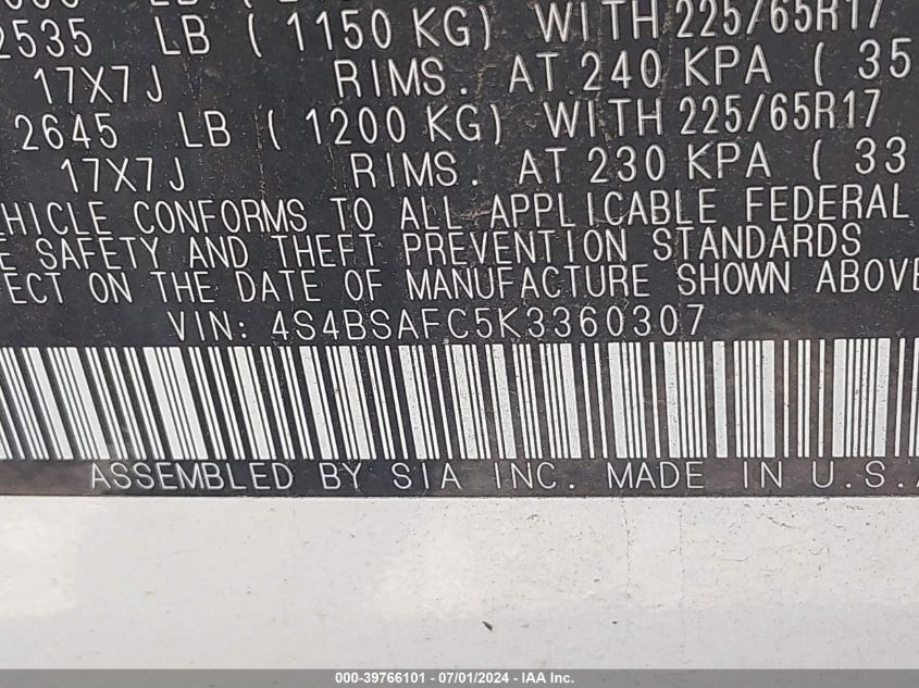 2019 Subaru Outback 2.5I Premium VIN: 4S4BSAFC5K3360307 Lot: 39766101