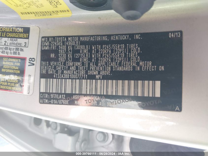 2013 Toyota Venza Xle VIN: 4T3ZA3BB1DU077711 Lot: 39766111