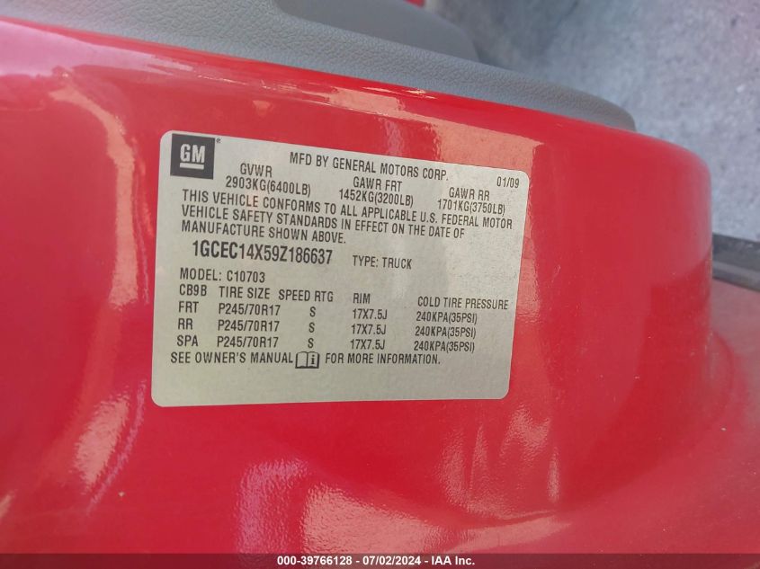 2009 Chevrolet Silverado 1500 C1500 VIN: 1GCEC14X59Z186637 Lot: 39766128