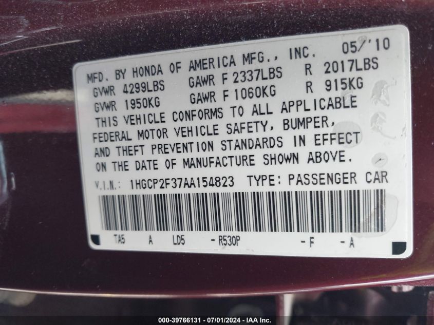 2010 Honda Accord 2.4 Lx VIN: 1HGCP2F37AA154823 Lot: 39766131