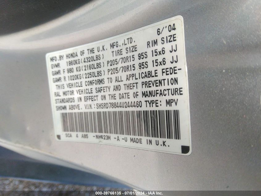 2004 Honda Cr-V Ex VIN: SHSRD78844U244460 Lot: 39766135