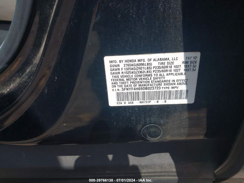 2013 Honda Pilot Ex-L VIN: 5FNYF4H69DB023723 Lot: 39766138