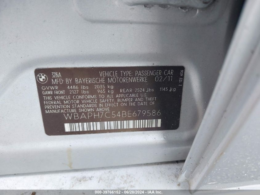 2011 BMW 328I VIN: WBAPH7C54BE679586 Lot: 39766152