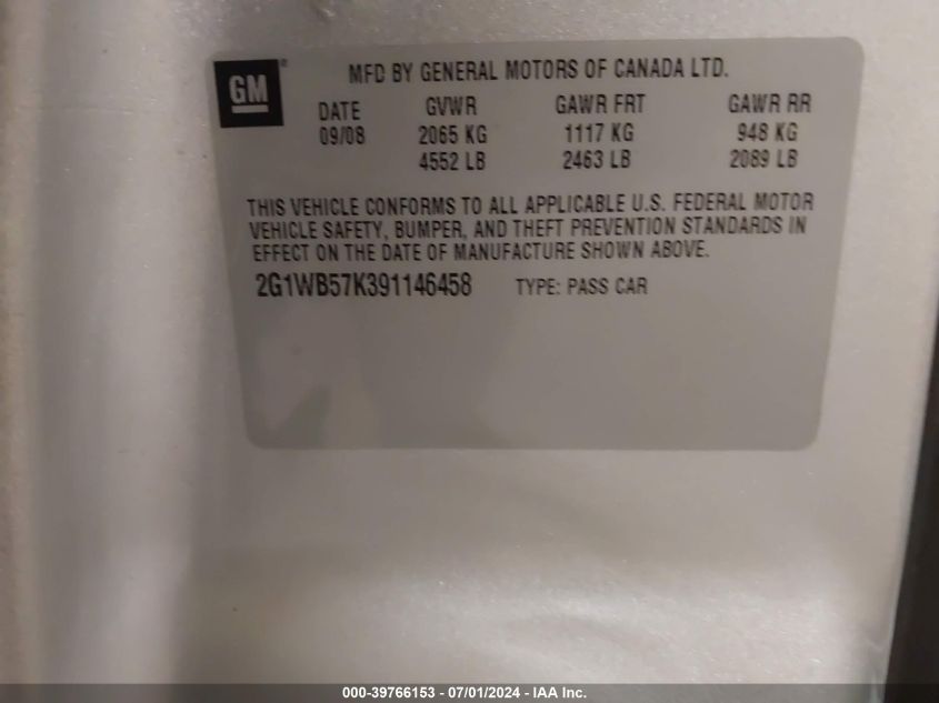2009 Chevrolet Impala Ls VIN: 2G1WB57K391146458 Lot: 39766153