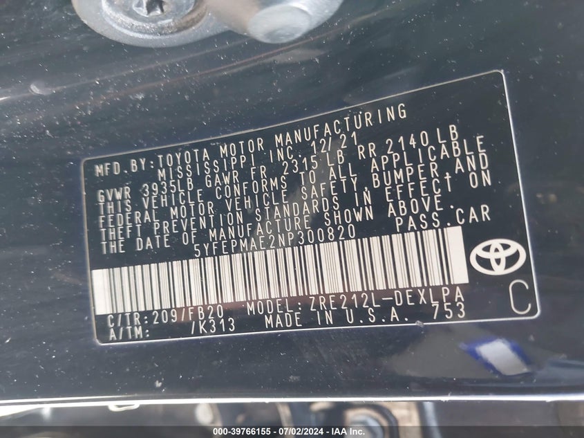 2022 TOYOTA COROLLA LE - 5YFEPMAE2NP300820