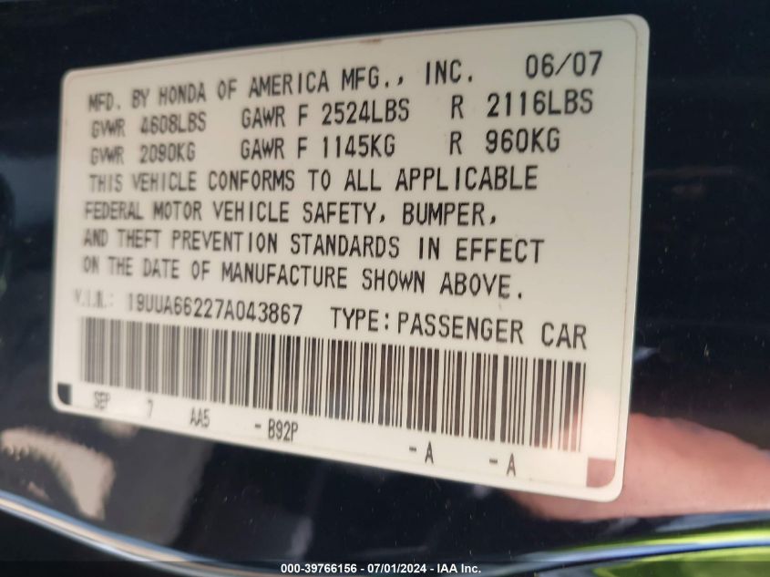 2007 Acura Tl 3.2 VIN: 19UUA66227A043867 Lot: 39766156