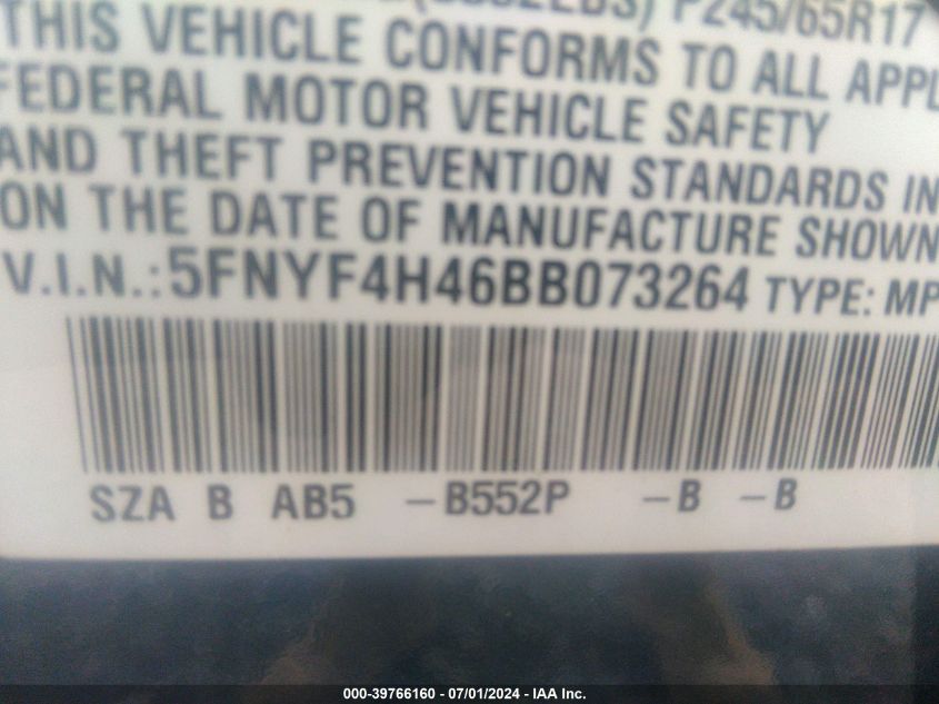 2011 Honda Pilot Ex VIN: 5FNYF4H46BB073264 Lot: 39766160