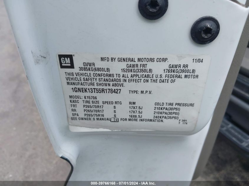 2005 Chevrolet Tahoe Z71 VIN: 1GNEK13T55R178427 Lot: 39766168