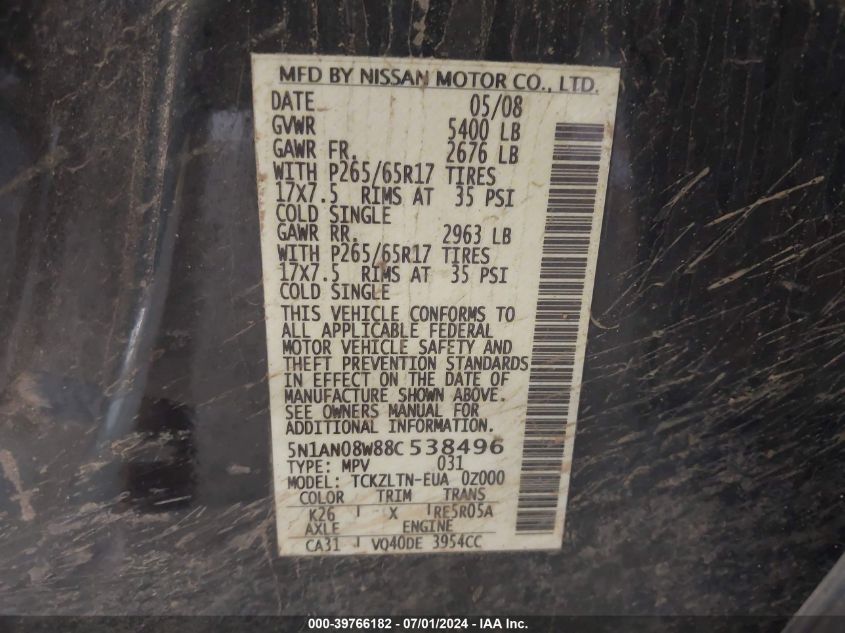 2008 Nissan Xterra Se VIN: 5N1AN08W88C538496 Lot: 39766182