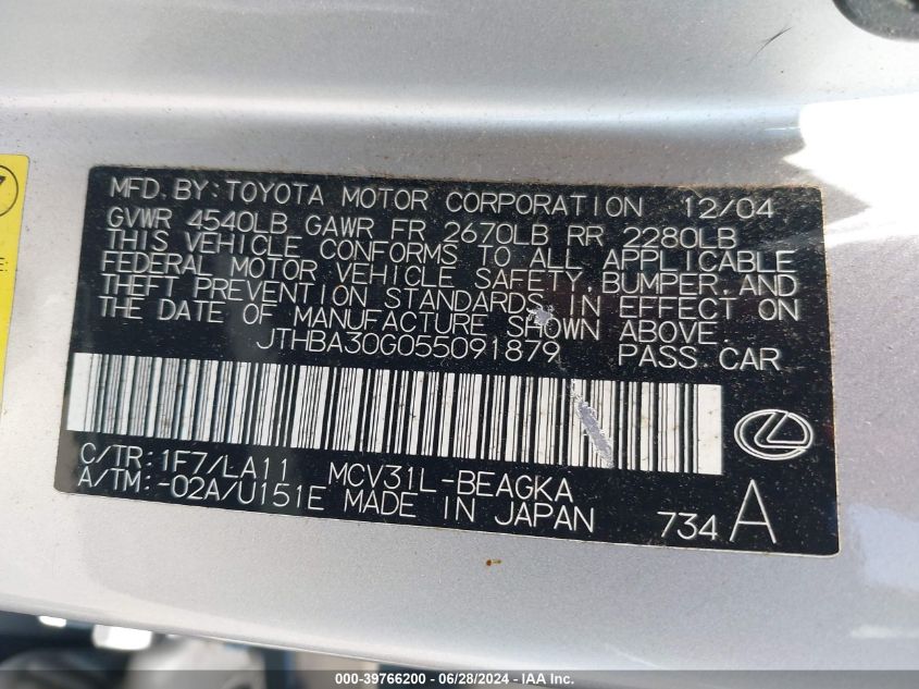 2005 Lexus Es 330 VIN: JTHBA30G055091879 Lot: 39766200