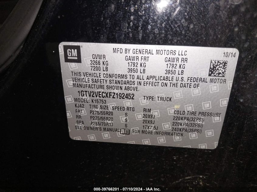 2015 GMC Sierra 1500 Slt VIN: 1GTV2VECXFZ192452 Lot: 39766201