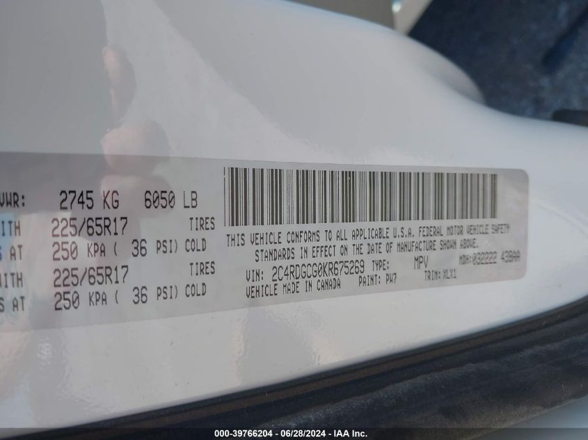 2019 Dodge Grand Caravan Sxt VIN: 2C4RDGCG0KR675269 Lot: 39766204