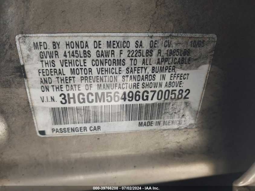 2006 Honda Accord 2.4 Lx VIN: 3HGCM56496G700582 Lot: 39766208