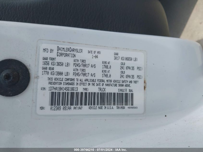2004 Dodge Ram 1500 Slt/Laramie VIN: 1D7HA18N14S618613 Lot: 39766210