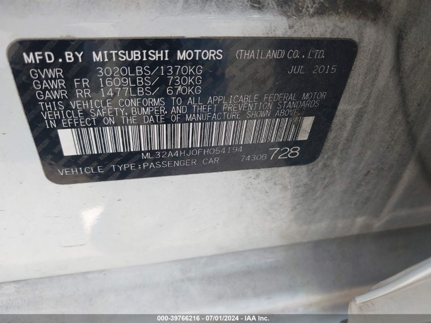 2015 Mitsubishi Mirage Es VIN: ML32A4HJ0FH054194 Lot: 39766216