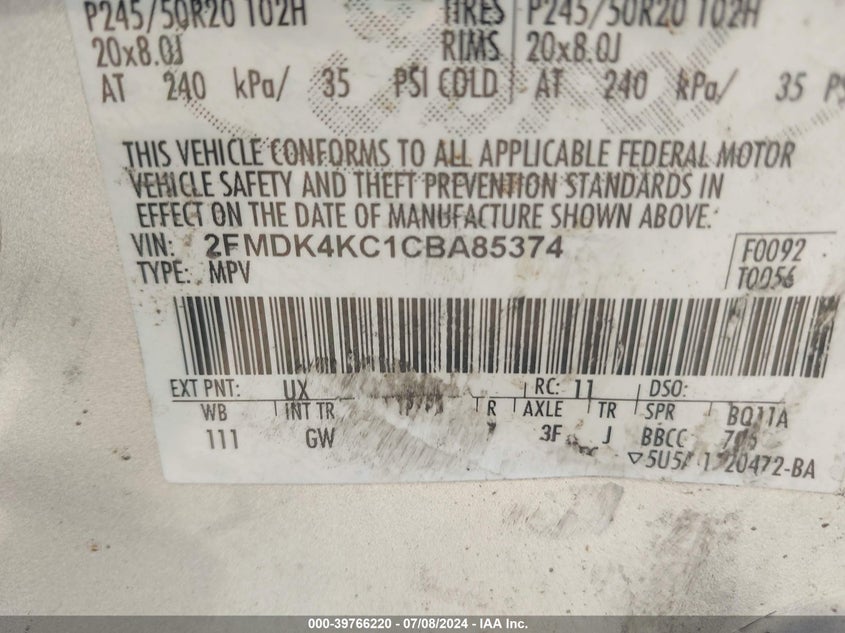 2012 Ford Edge Limited VIN: 2FMDK4KC1CBA85374 Lot: 39766220