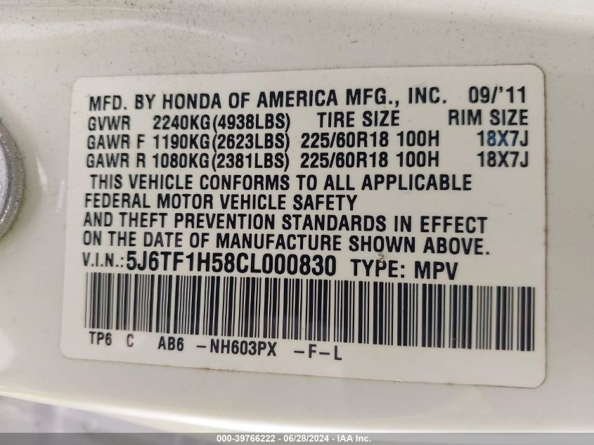 2012 Honda Crosstour Ex-L VIN: 5J6TF1H58CL000830 Lot: 39766222