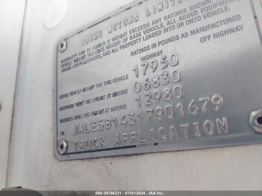 2001 Isuzu Nqr VIN: JALE5B14317901679 Lot: 39766231