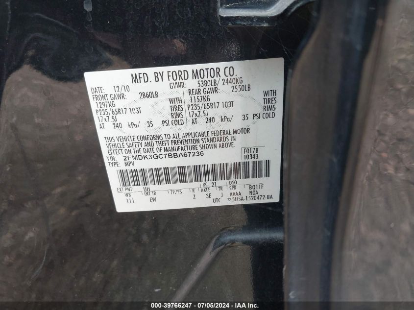 2011 Ford Edge Se VIN: 2FMDK3GC7BBA67236 Lot: 39766247