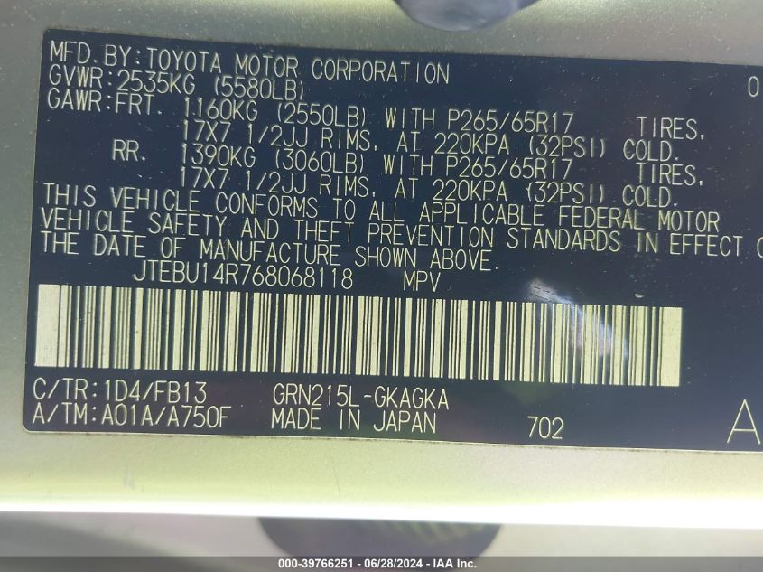 2006 Toyota 4Runner Sr5 Sport V6 VIN: JTEBU14R768068118 Lot: 39766251