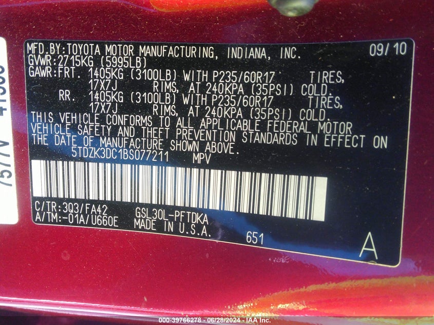 2011 Toyota Sienna Base V6 VIN: 5TDZK3DC1BS077211 Lot: 39766278