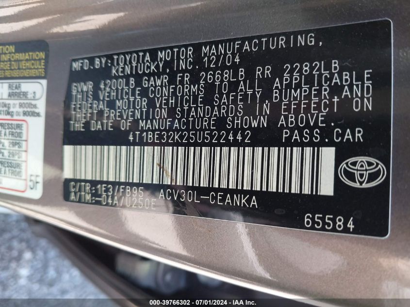 2005 Toyota Camry Le VIN: 4T1BE32K25U522442 Lot: 39766302