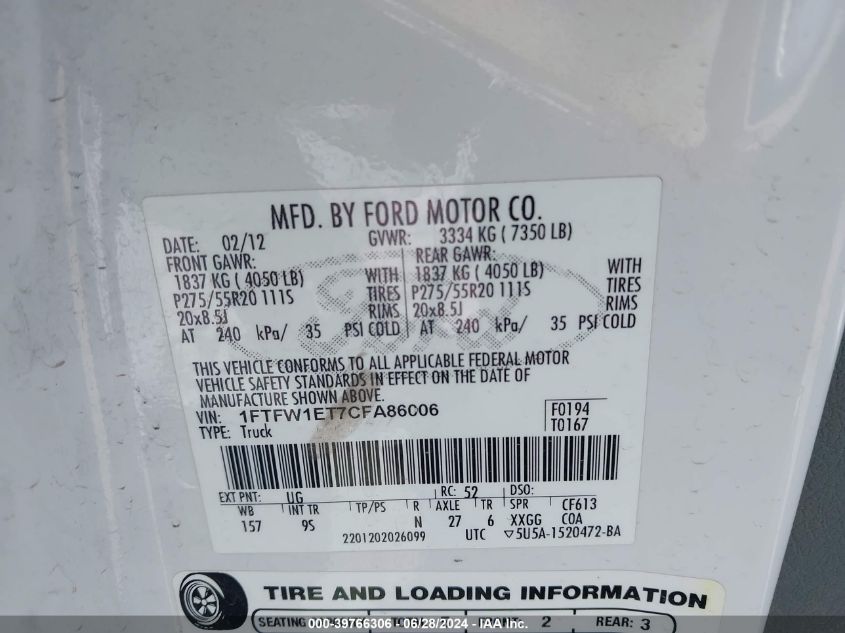 2012 Ford F-150 Platinum VIN: 1FTFW1ET7CFA86006 Lot: 39766306